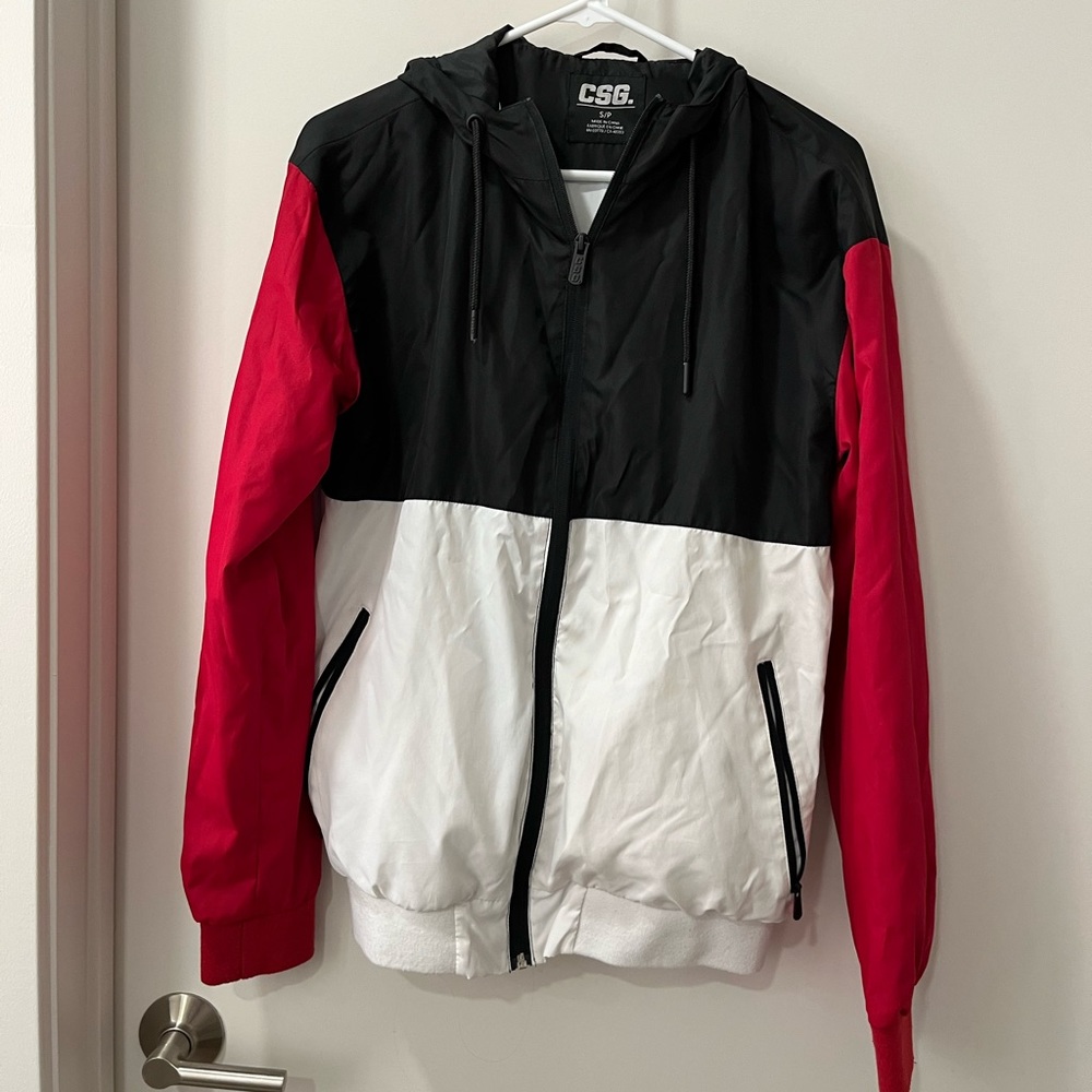 Red Black and White Rain Jacket Windbreaker with Hood